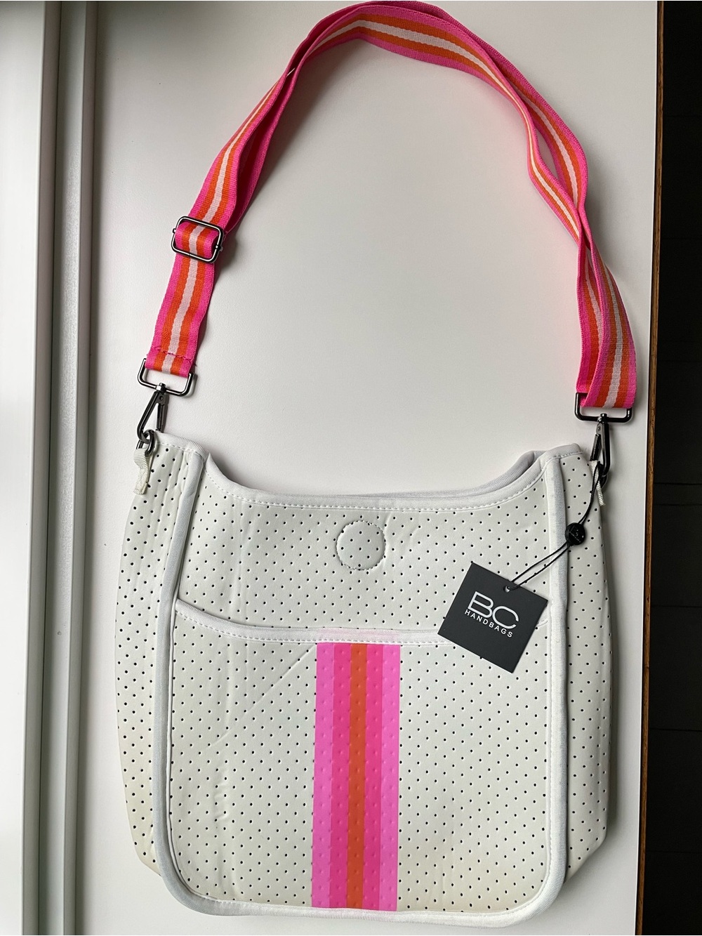 BC Handbags White Perforated Faux Leather Crossbody Pink Orange Stripe Adj Strap